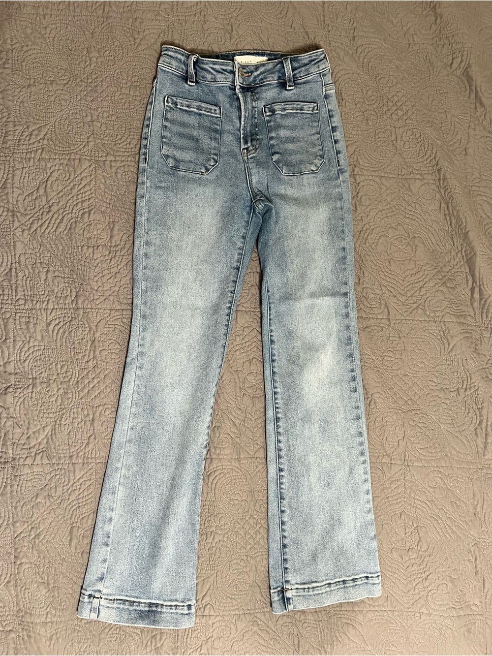 Risen Jeans High Rise Front Patch Pocket Wide Leg Flare Denim 1/25 Light Wash